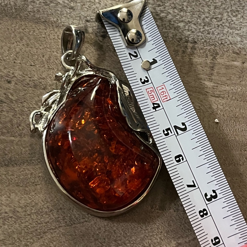 Amber Teardrop Pendant Necklace - Rich Cognac Amber - Picture 2 of 3